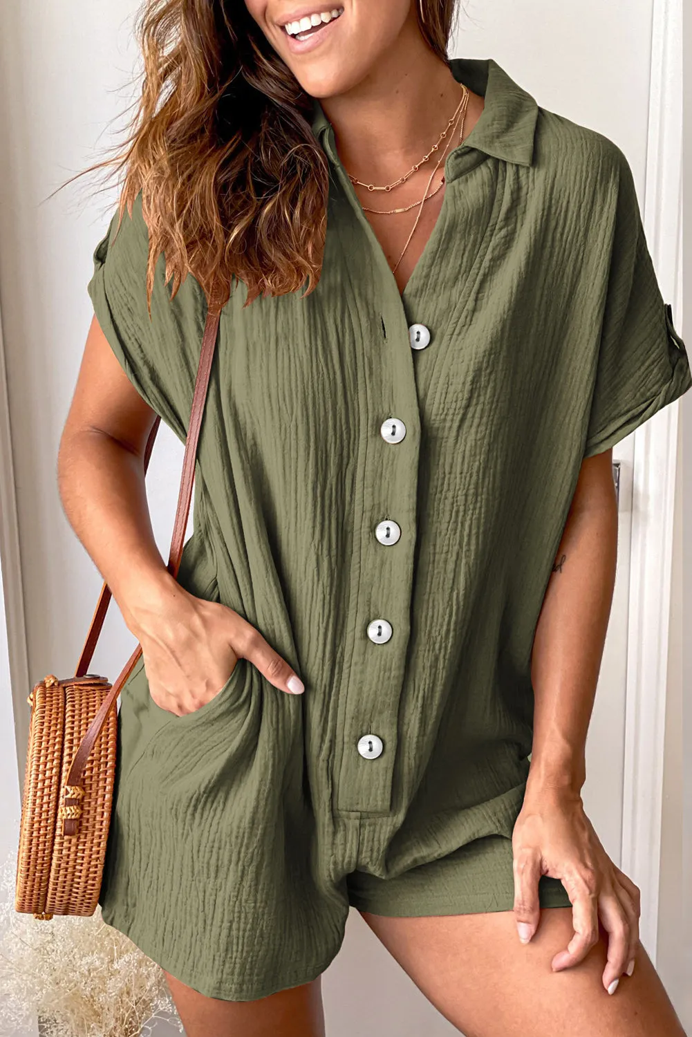 Buttoned Short Sleeve Romper With Pockets