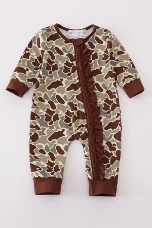 Camouflage ruffle zip girl romper