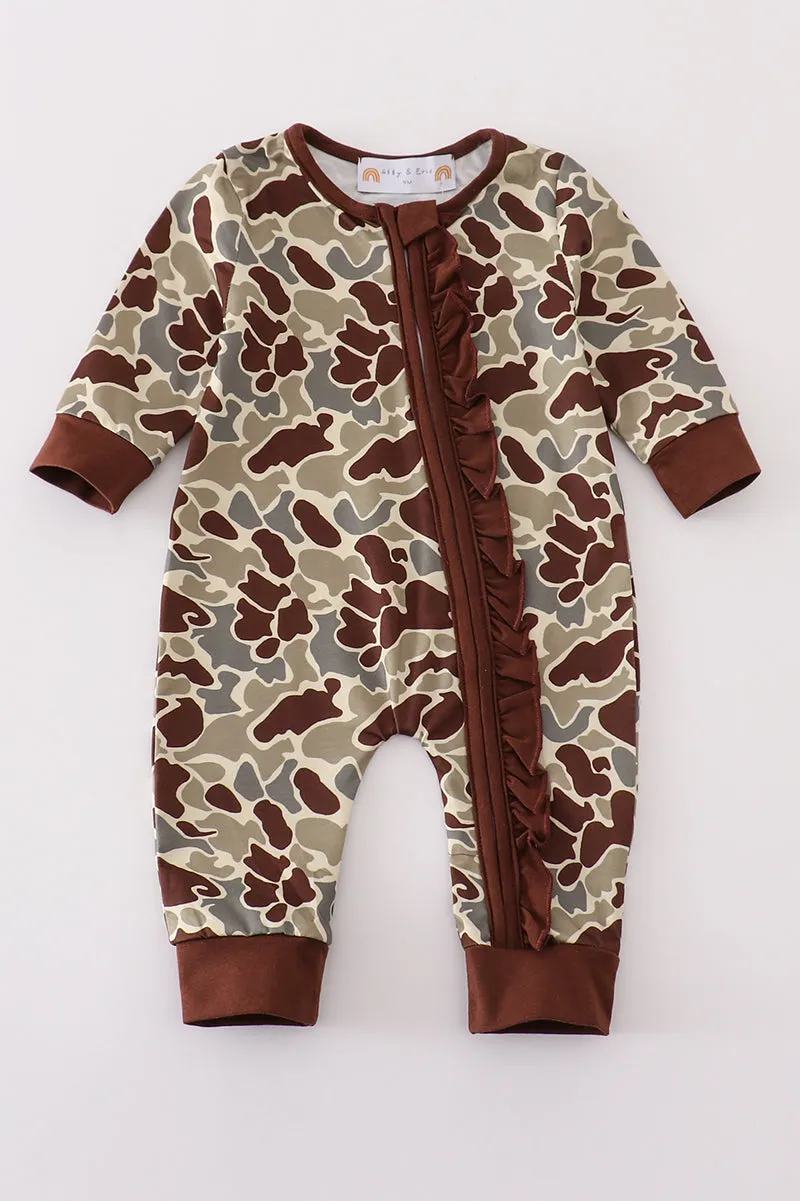 Camouflage ruffle zip girl romper