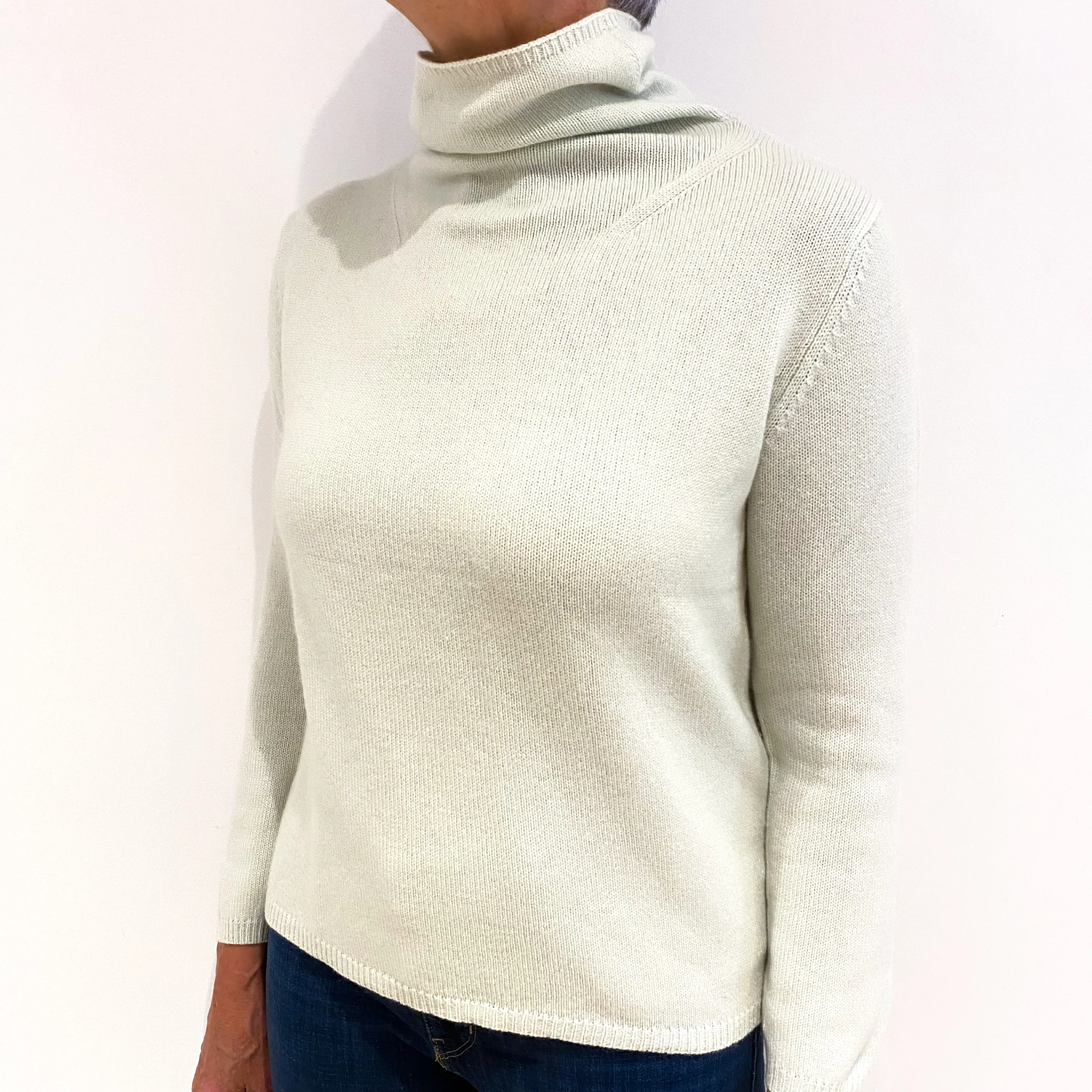 Chicory Green Heavy Knit Cashmere Funnel Neck Jumper Medium