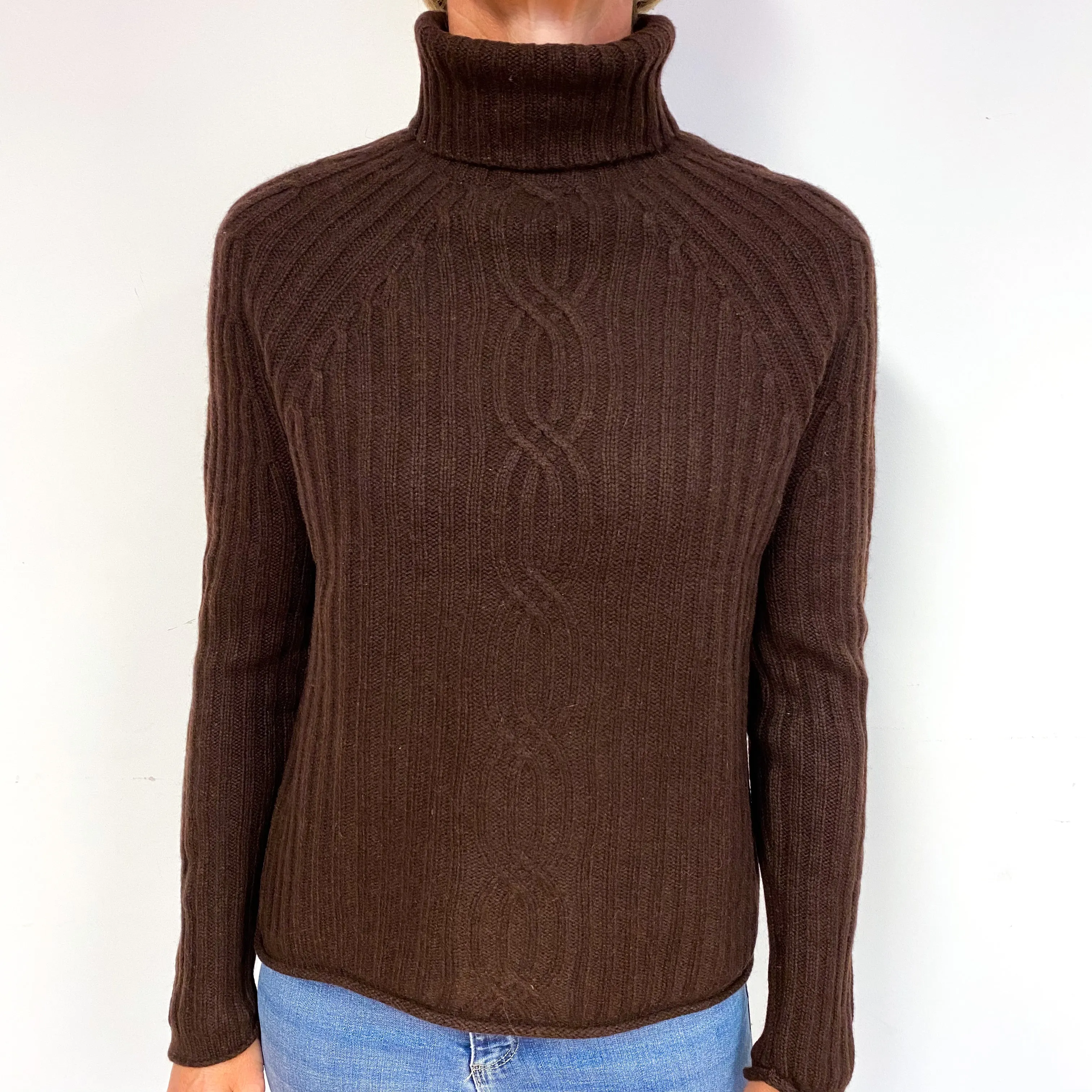 Chocolate Brown Chunky Cashmere Polo Neck Jumper Medium