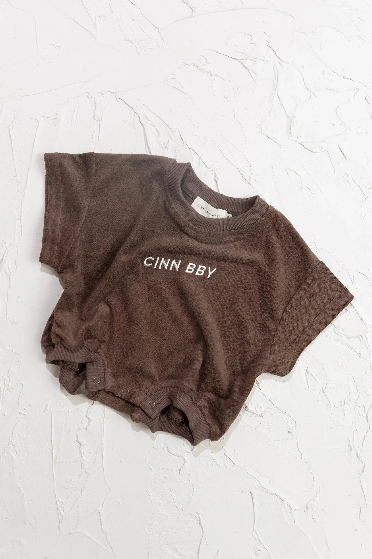 cinnamon baby terry t-shirt romper - dark chocolate