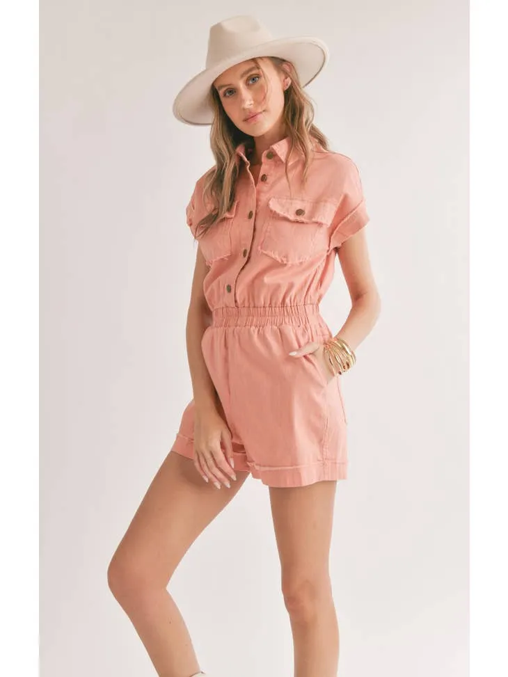 Clear Eyes Coral Denim Romper