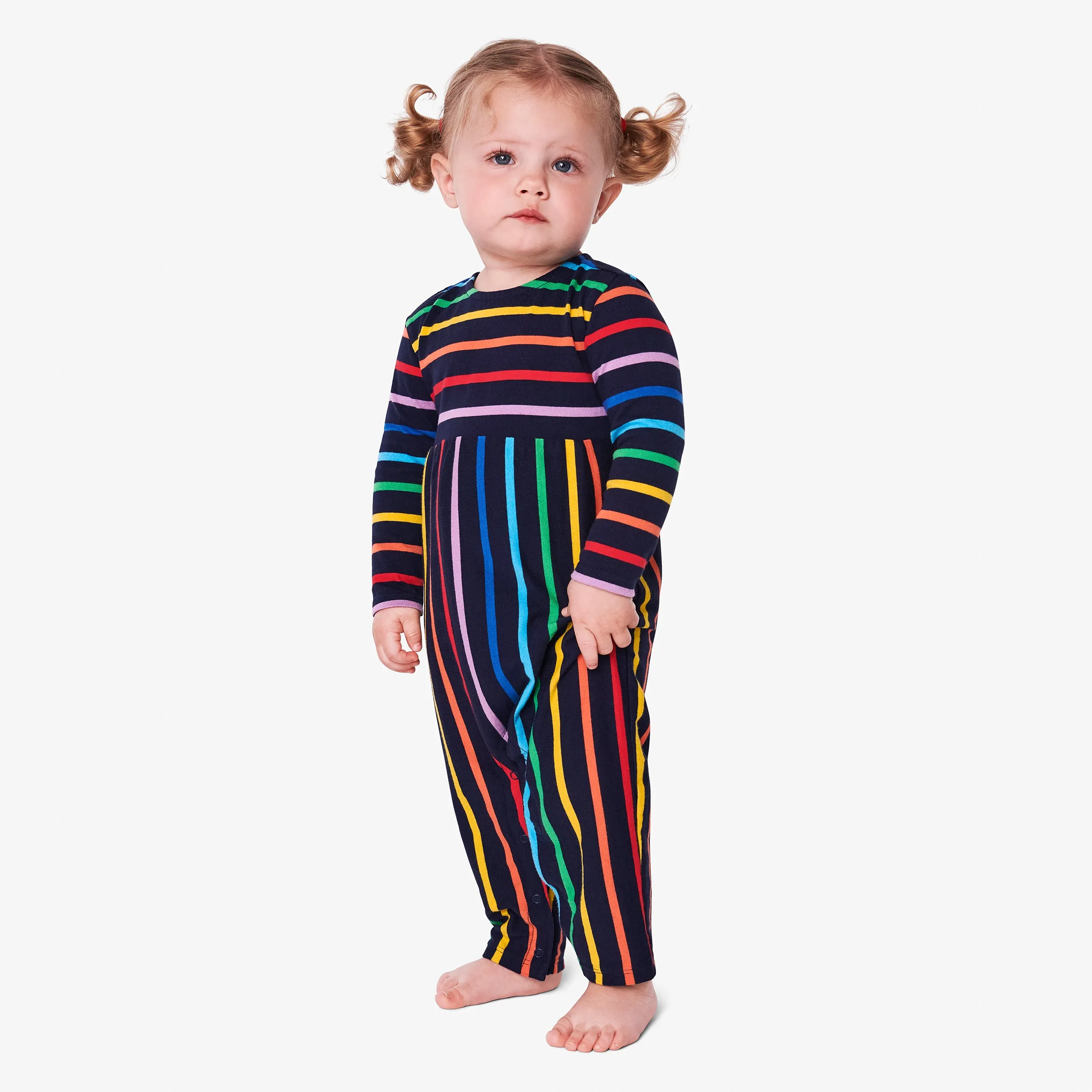 Clearance baby long sleeve explorer romper in rainbow stripe