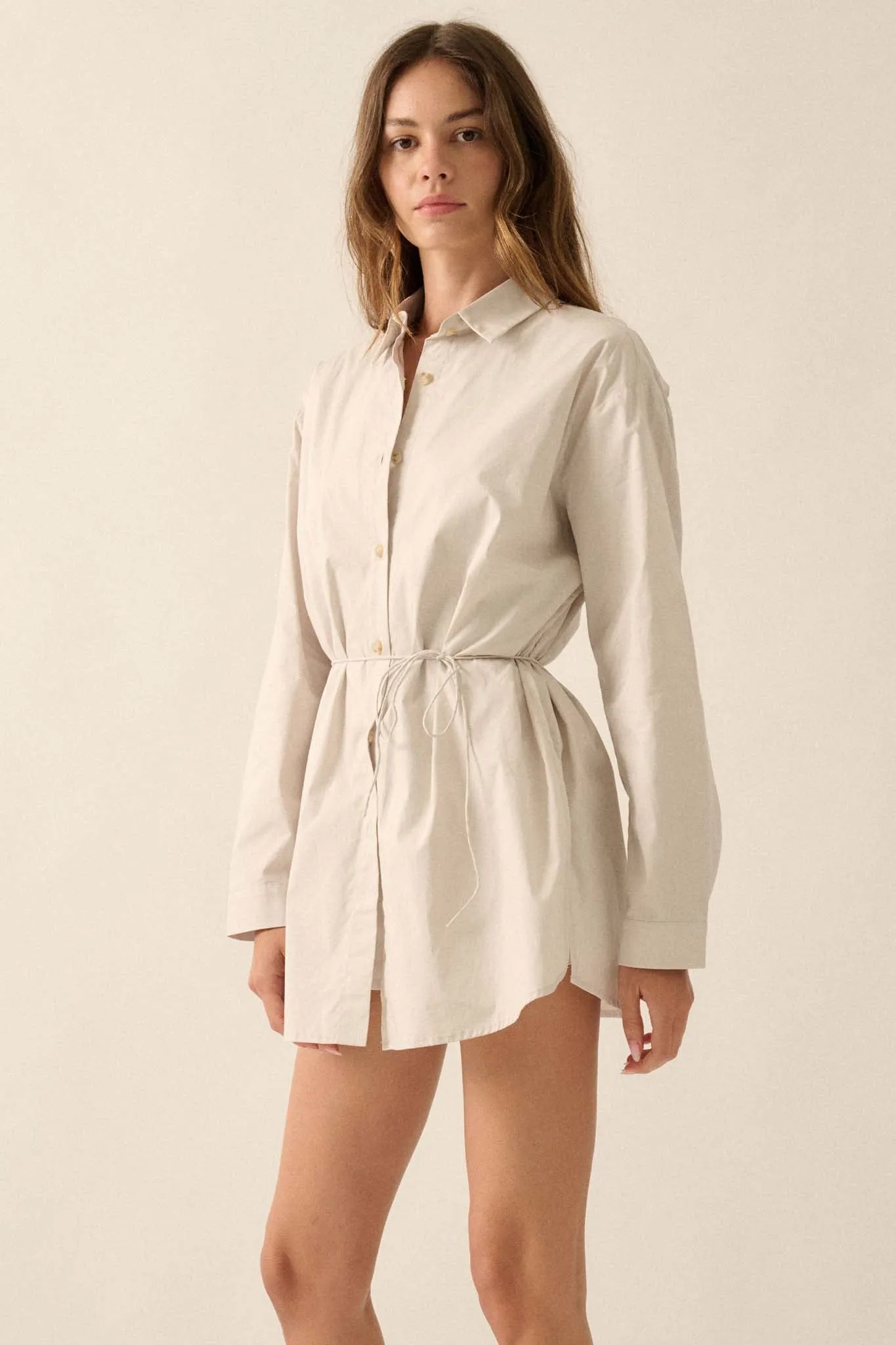 Clock Watcher Cotton Button-Up Belted Shirt Romper