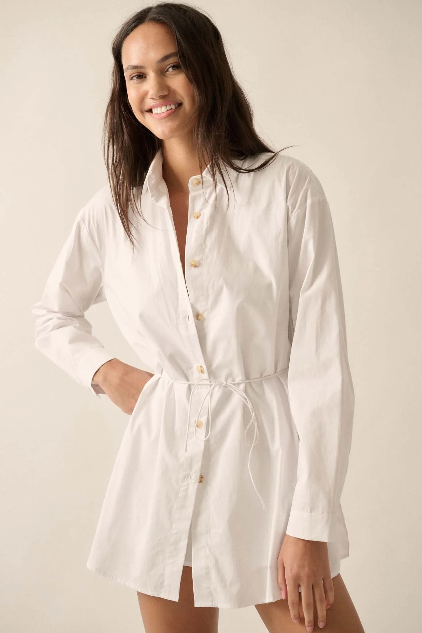 Clock Watcher Cotton Button-Up Belted Shirt Romper