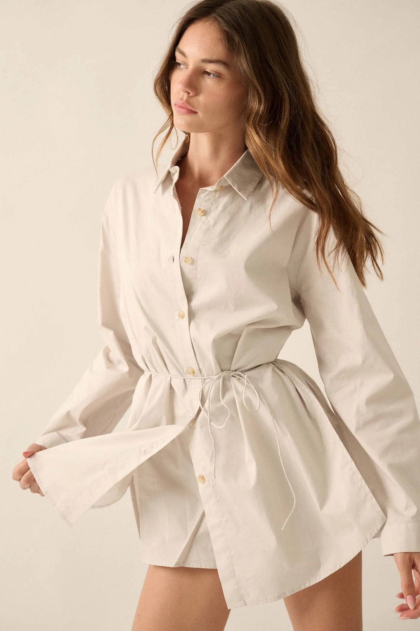 Clock Watcher Cotton Button-Up Belted Shirt Romper