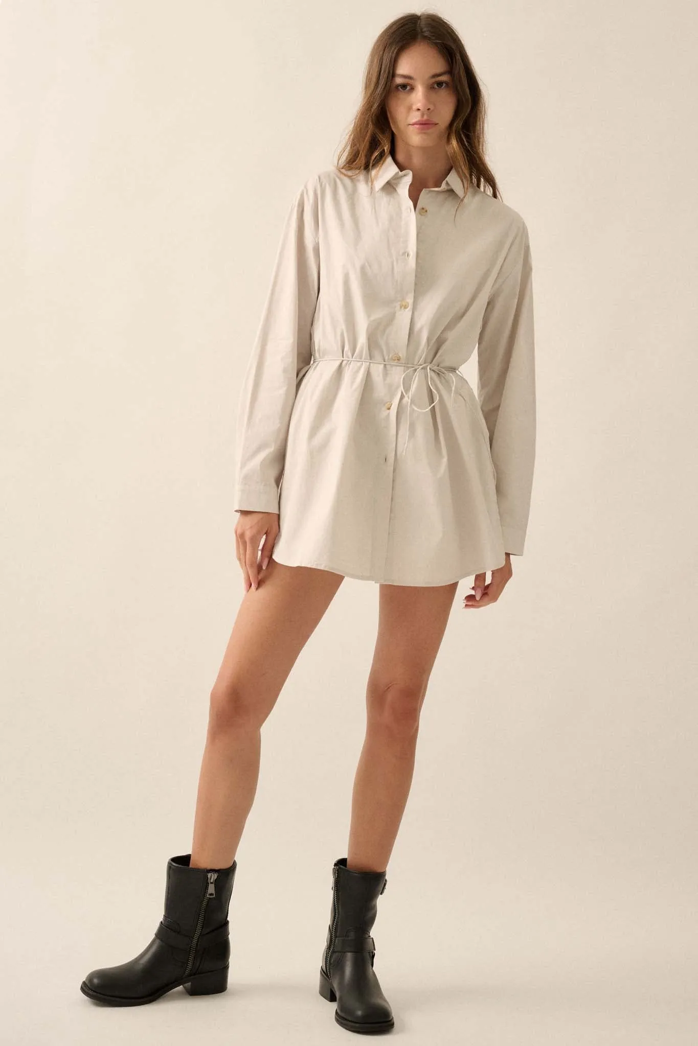 Clock Watcher Cotton Button-Up Belted Shirt Romper