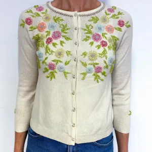 Clotted Cream Floral Embellished Cashmere Crew Neck Cardigan Medium