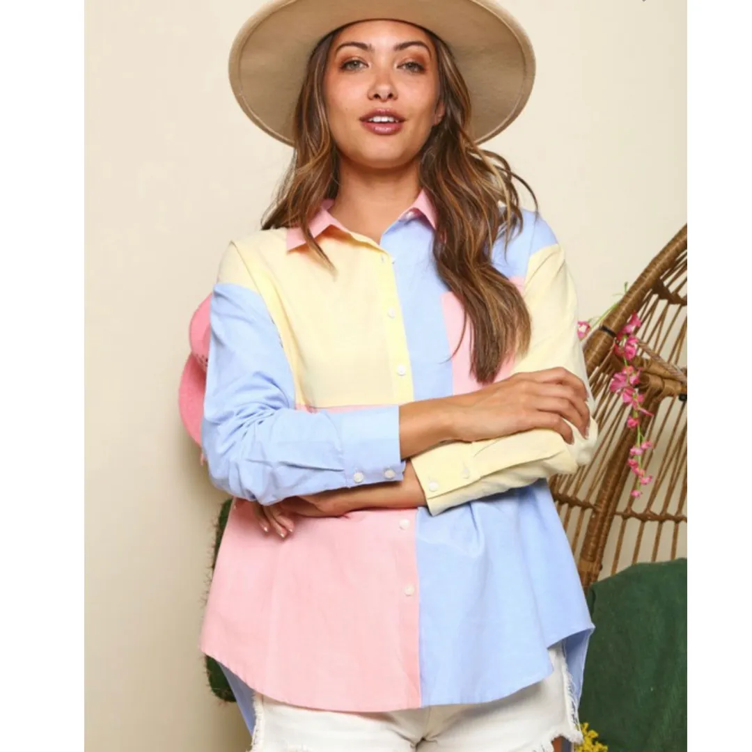 Collared Color Block Button Down Shirt