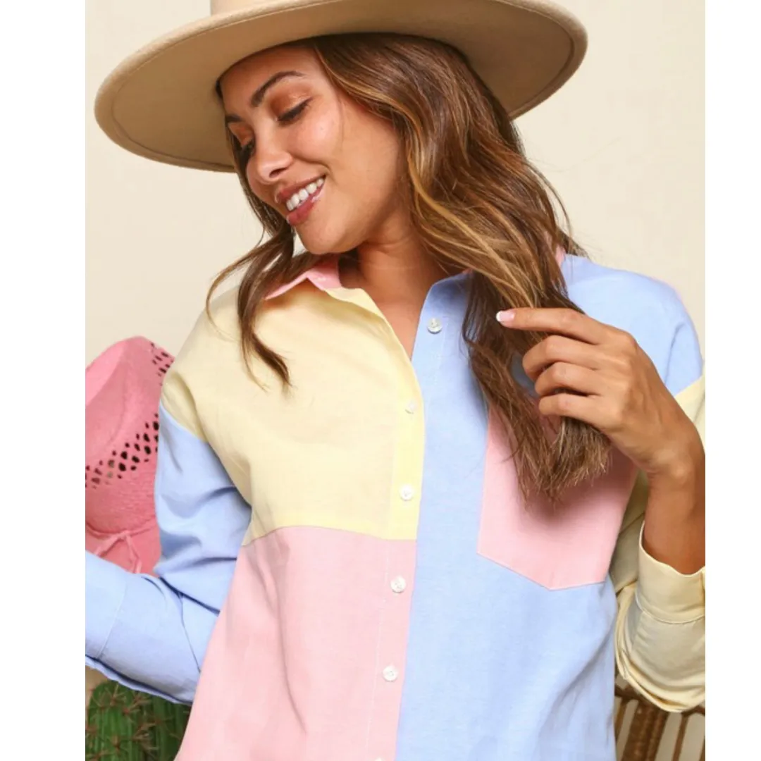 Collared Color Block Button Down Shirt