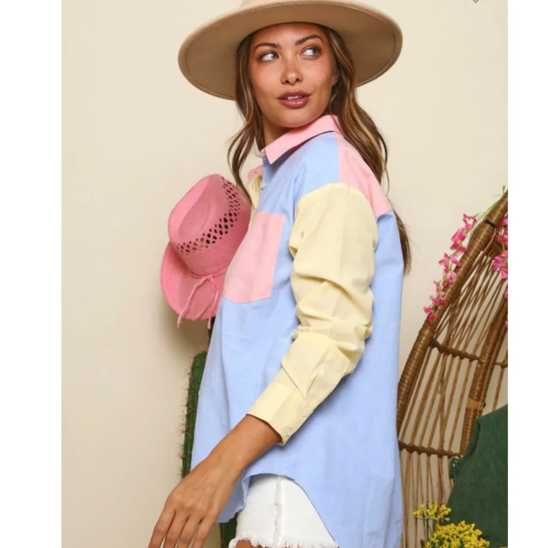 Collared Color Block Button Down Shirt