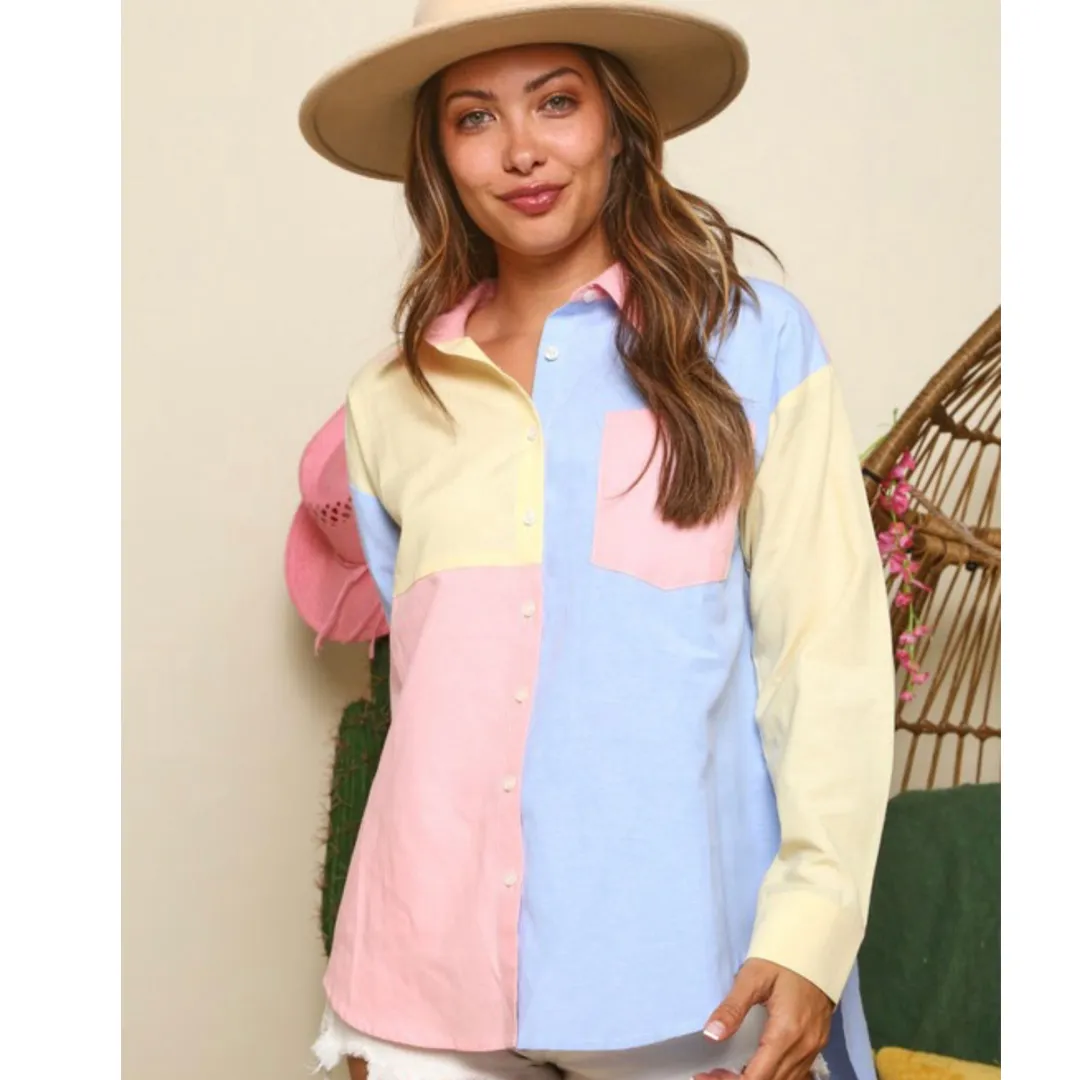 Collared Color Block Button Down Shirt