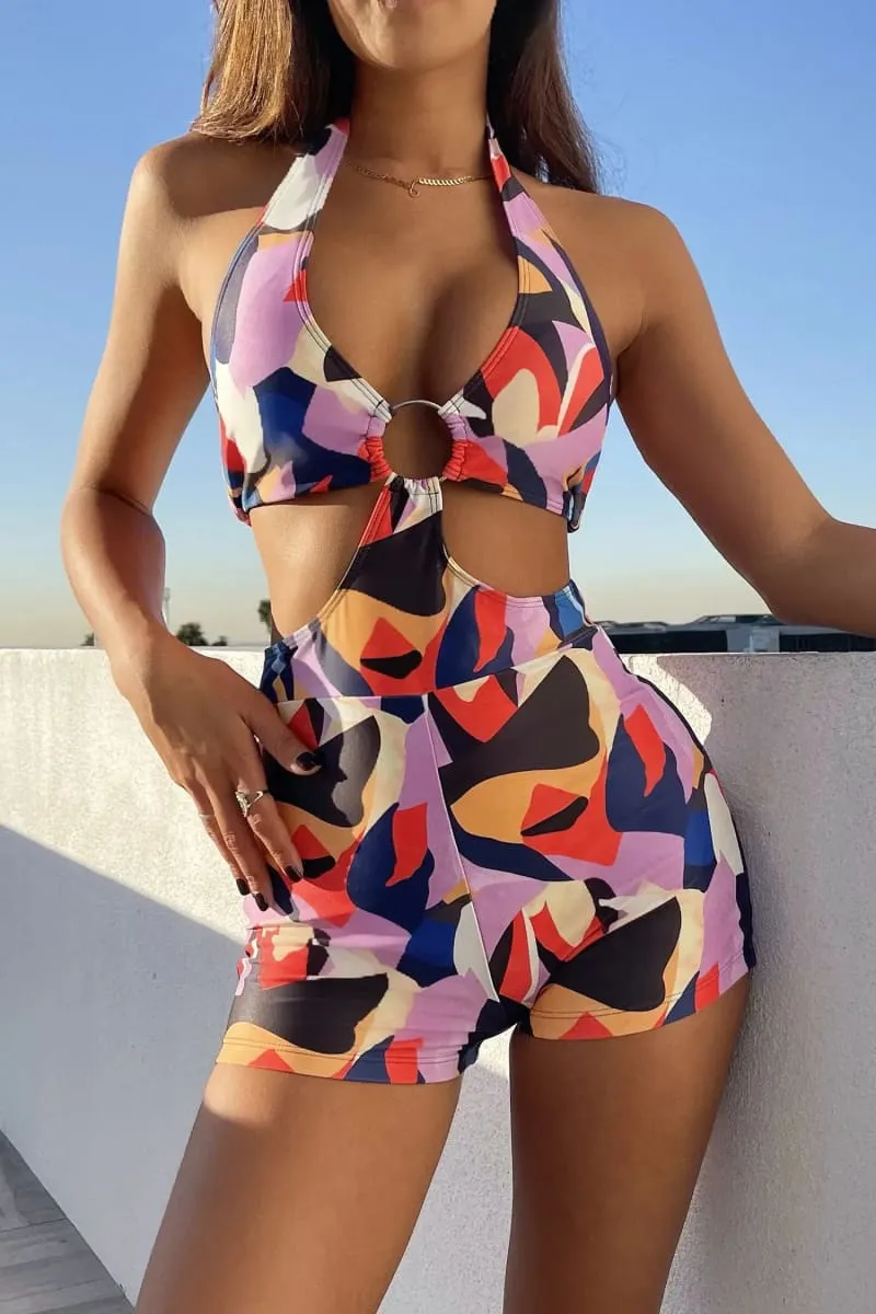 Colorful Halter Cut Out Ring Shorts Romper