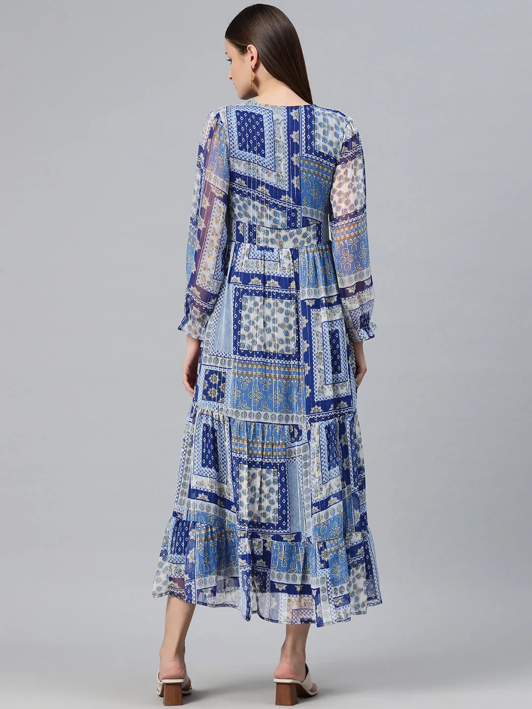 Cottinfab Women Print Puff Sleeve Ruffled Georgette A-Line Midi Dress