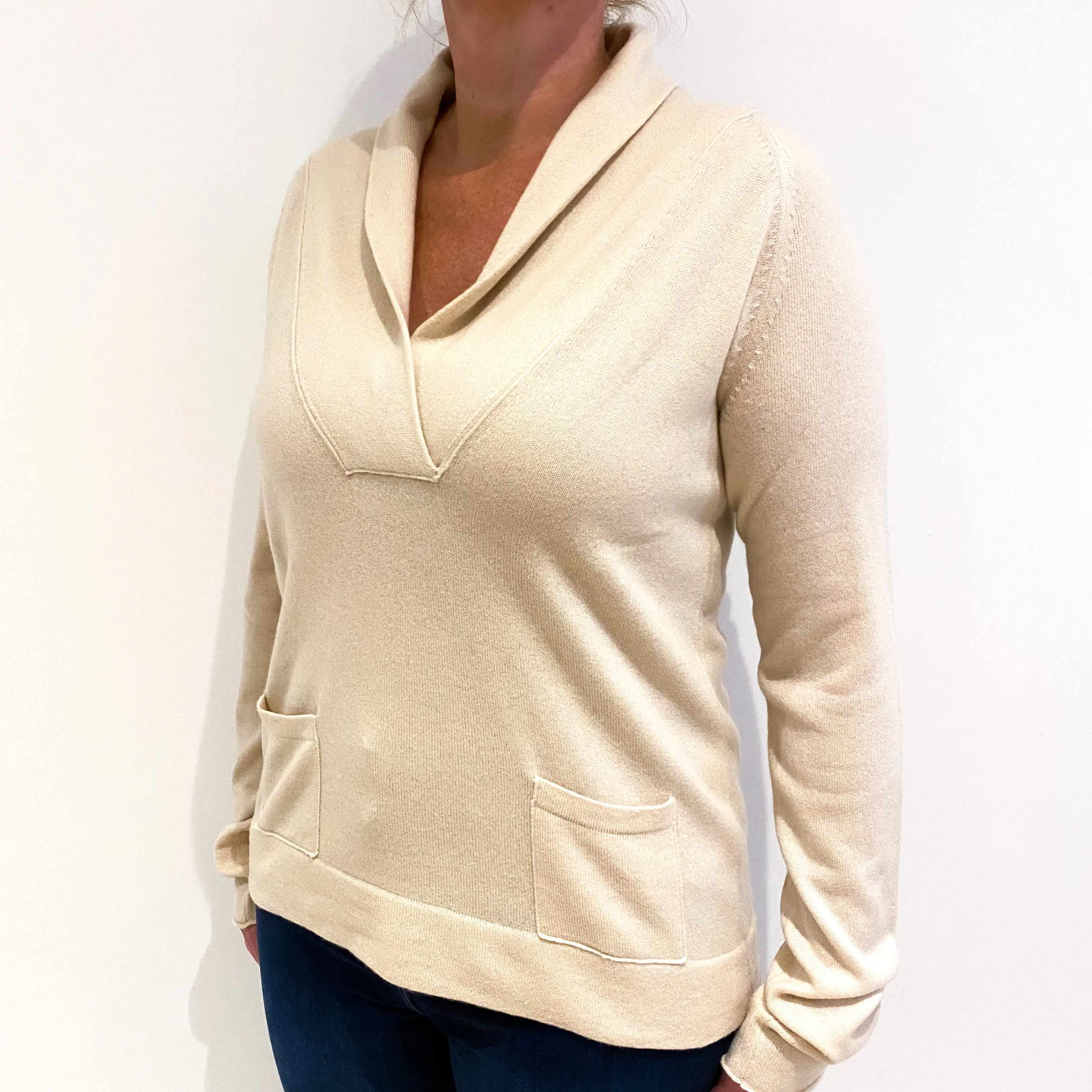 Cream Cashmere Shawl Collar V-Neck Jumper Large