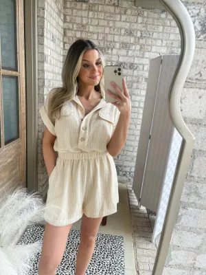 Crochet Button Romper Black   Cream