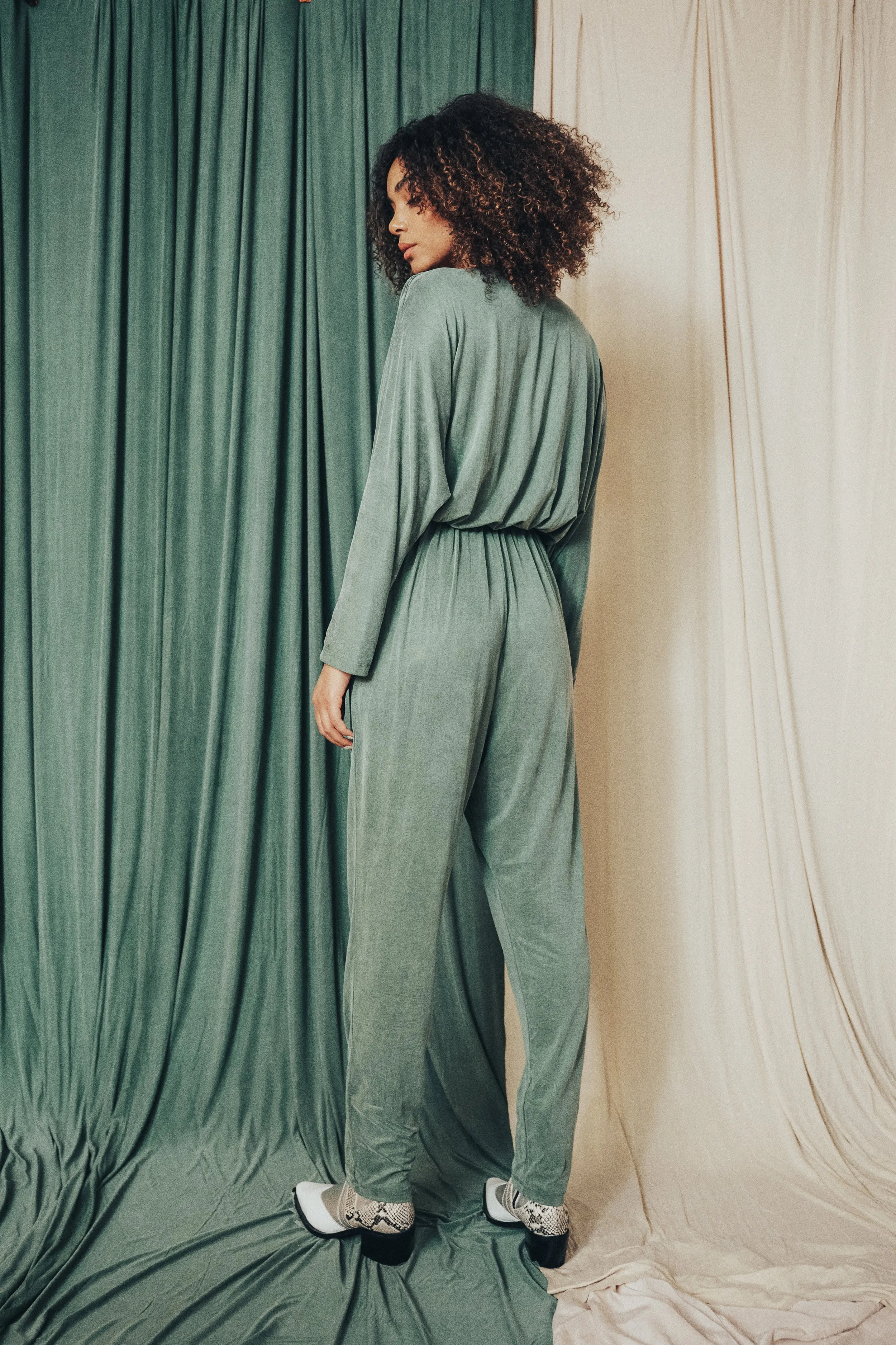 cupro wrap jumpsuit - sage green