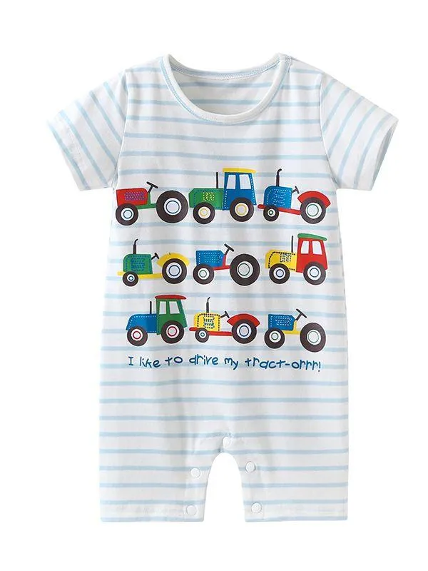 Cute Baby Boys Onesie Cartoon Tractor Short-sleeved Bodysuit