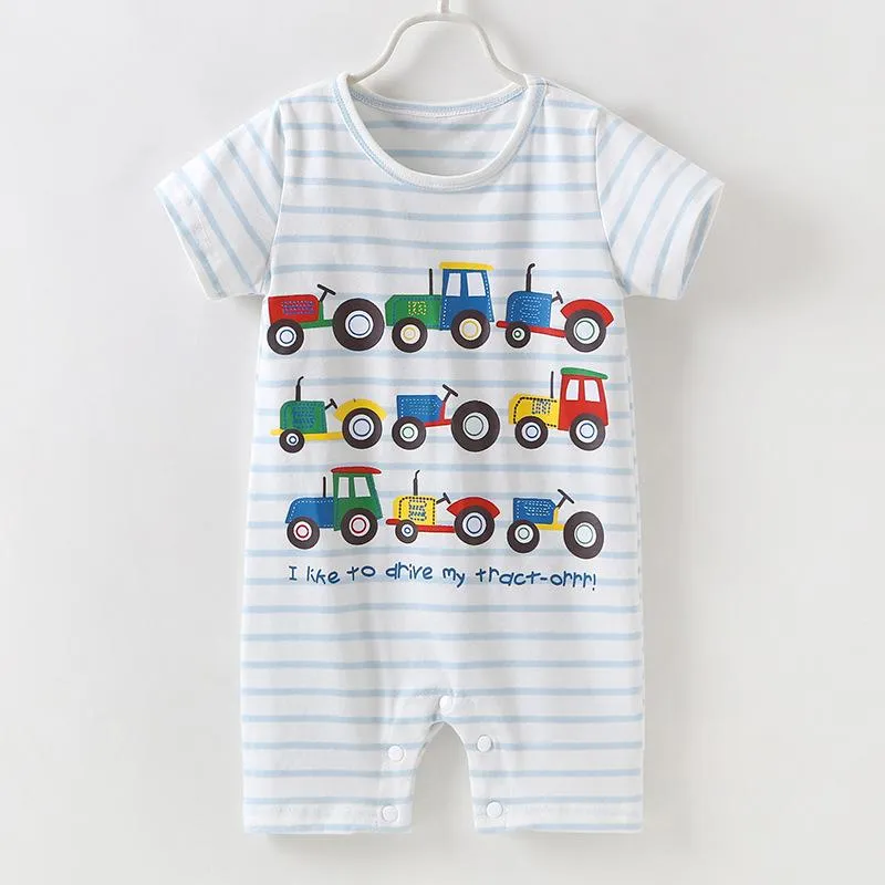 Cute Baby Boys Onesie Cartoon Tractor Short-sleeved Bodysuit