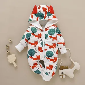 Cute Baby Fox & Tree/Heart Cartoon Hooded With Ears Autumn Jumpsuit One Piece Bodysuit