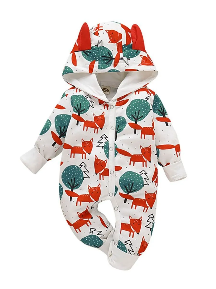 Cute Baby Fox & Tree/Heart Cartoon Hooded With Ears Autumn Jumpsuit One Piece Bodysuit