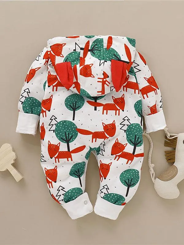 Cute Baby Fox & Tree/Heart Cartoon Hooded With Ears Autumn Jumpsuit One Piece Bodysuit