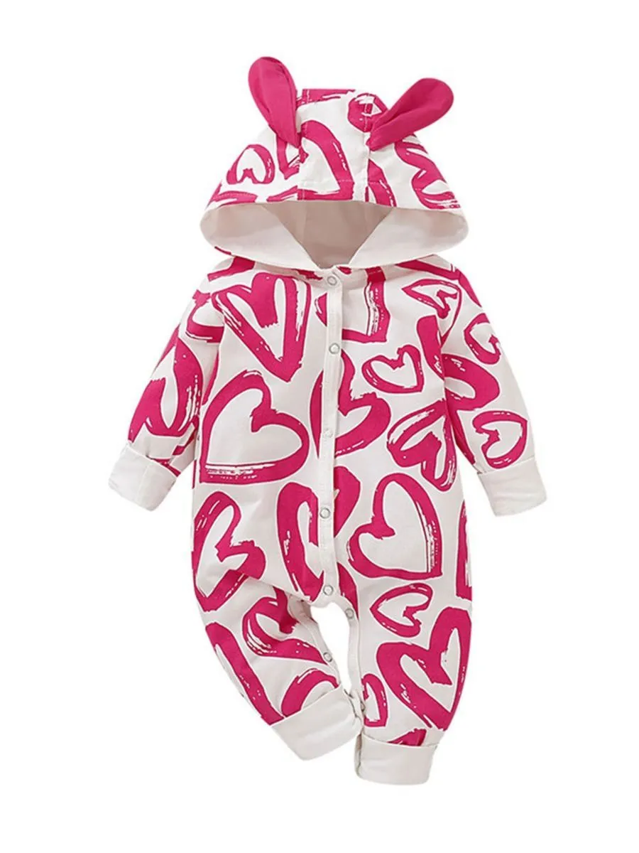 Cute Baby Fox & Tree/Heart Cartoon Hooded With Ears Autumn Jumpsuit One Piece Bodysuit