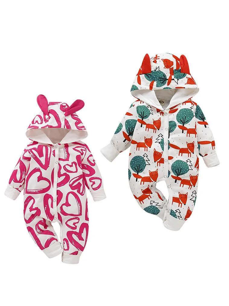 Cute Baby Fox & Tree/Heart Cartoon Hooded With Ears Autumn Jumpsuit One Piece Bodysuit