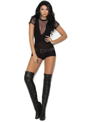 Cute, Sporty Short sleeve opaque fence net Romper in Black