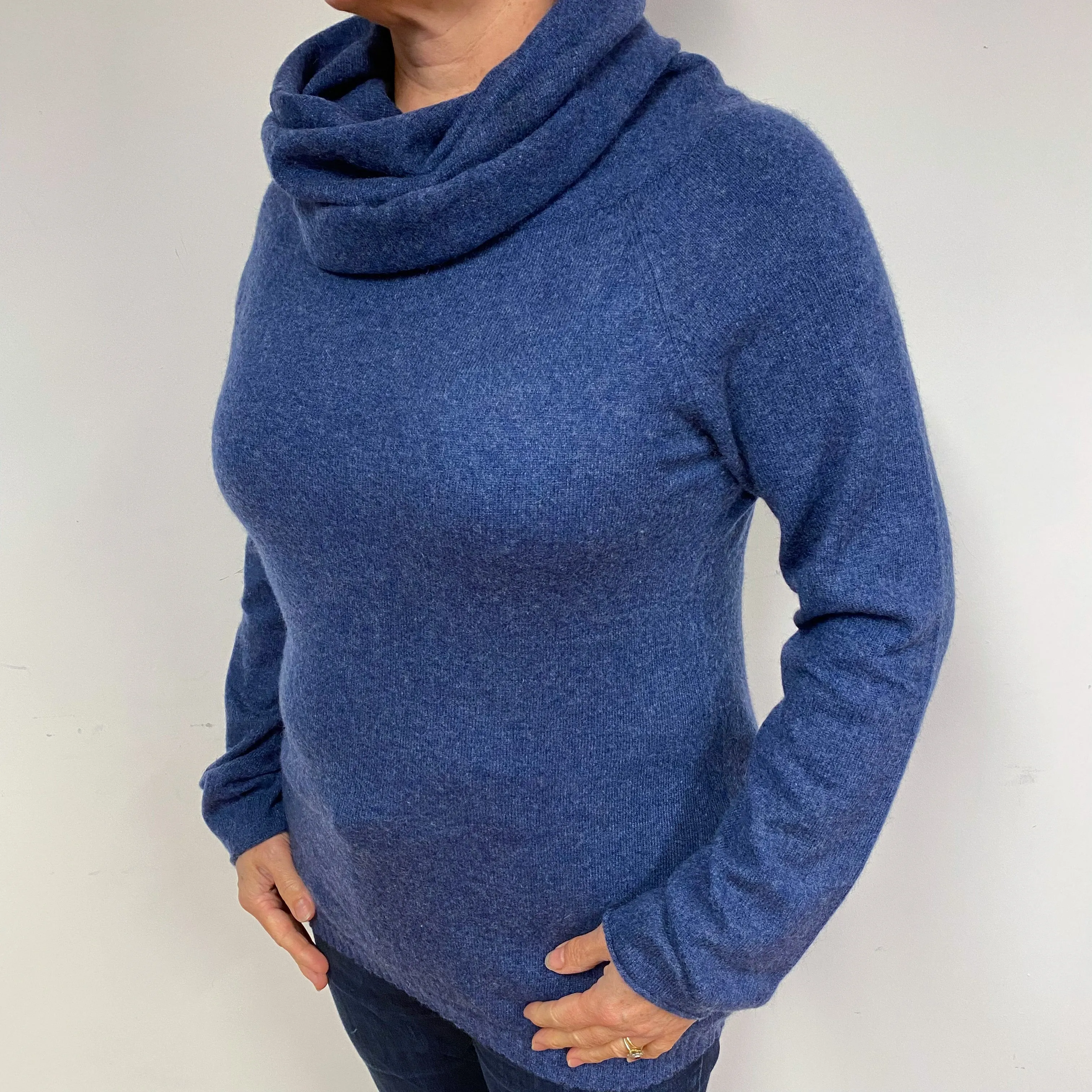 Dark Denim Blue Cashmere Cowl Neck Jumper Large