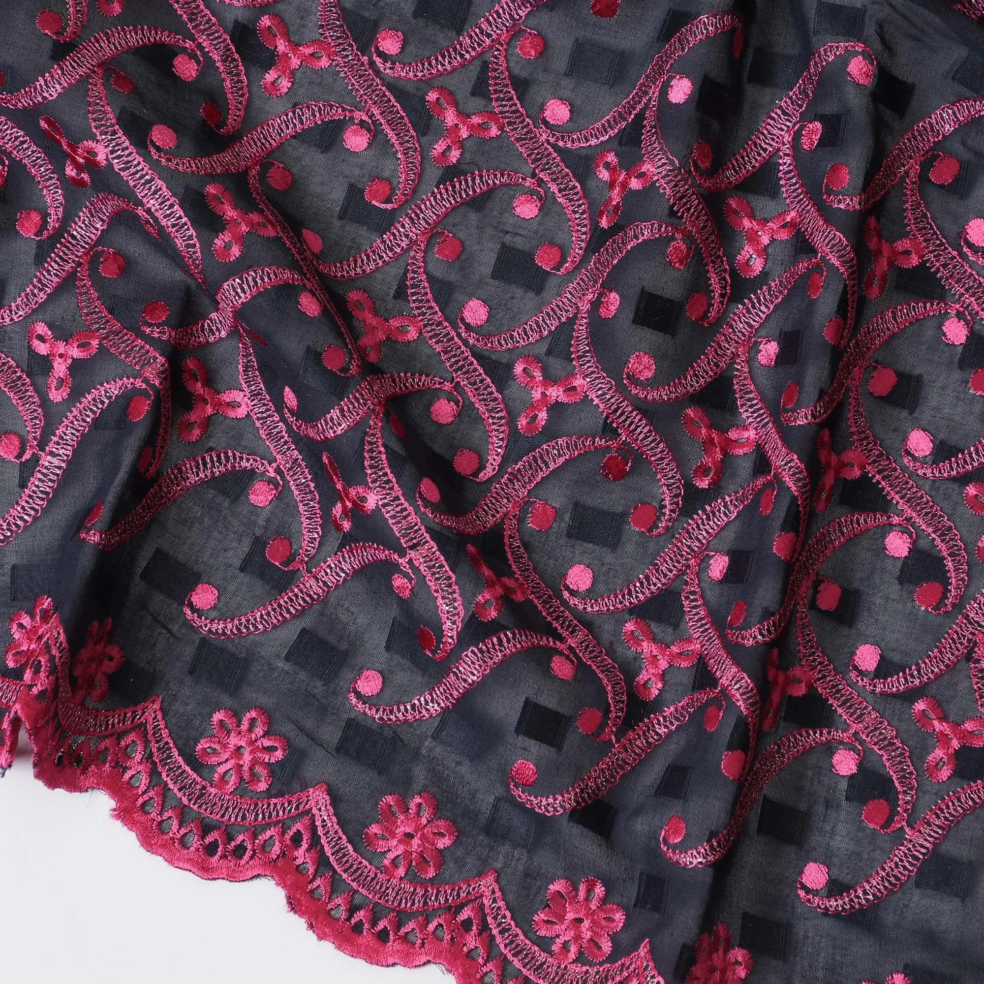 Dark navy blue Premium pure cotton voile (Sudanese Thobe) fabric with same tone clip cord having hot pink and silver embroidery in floral design-D13821