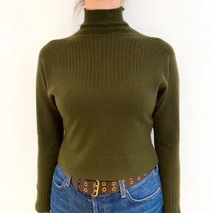 Dark Olive Green Cashmere Cropped Turtle Neck Jumper Small