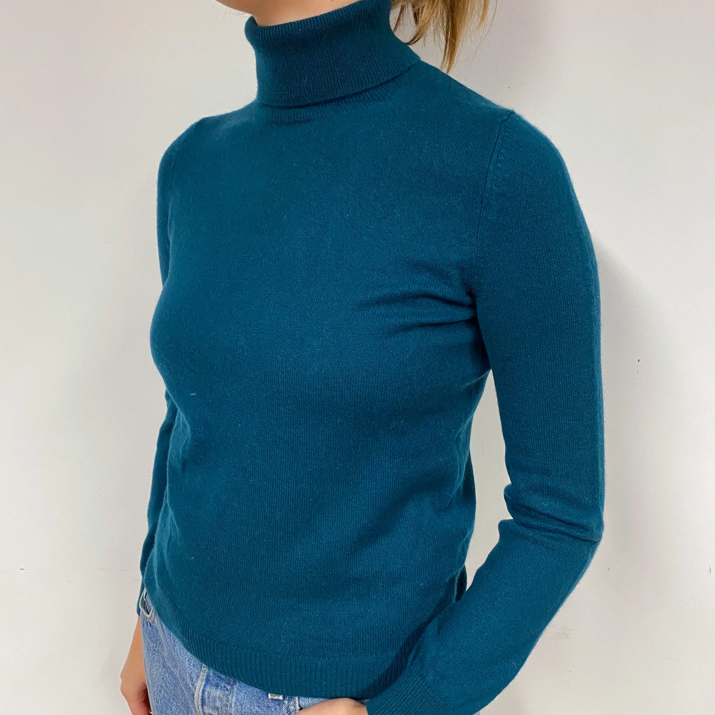 Dark Teal Green Cashmere Polo Neck Jumper Small