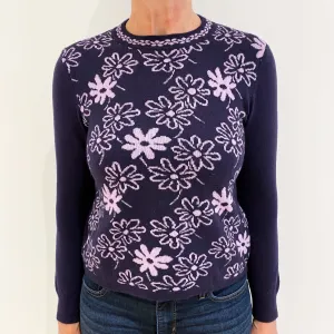 Deep Purple Lilac Floral Cashmere Crew Neck Jumper Medium