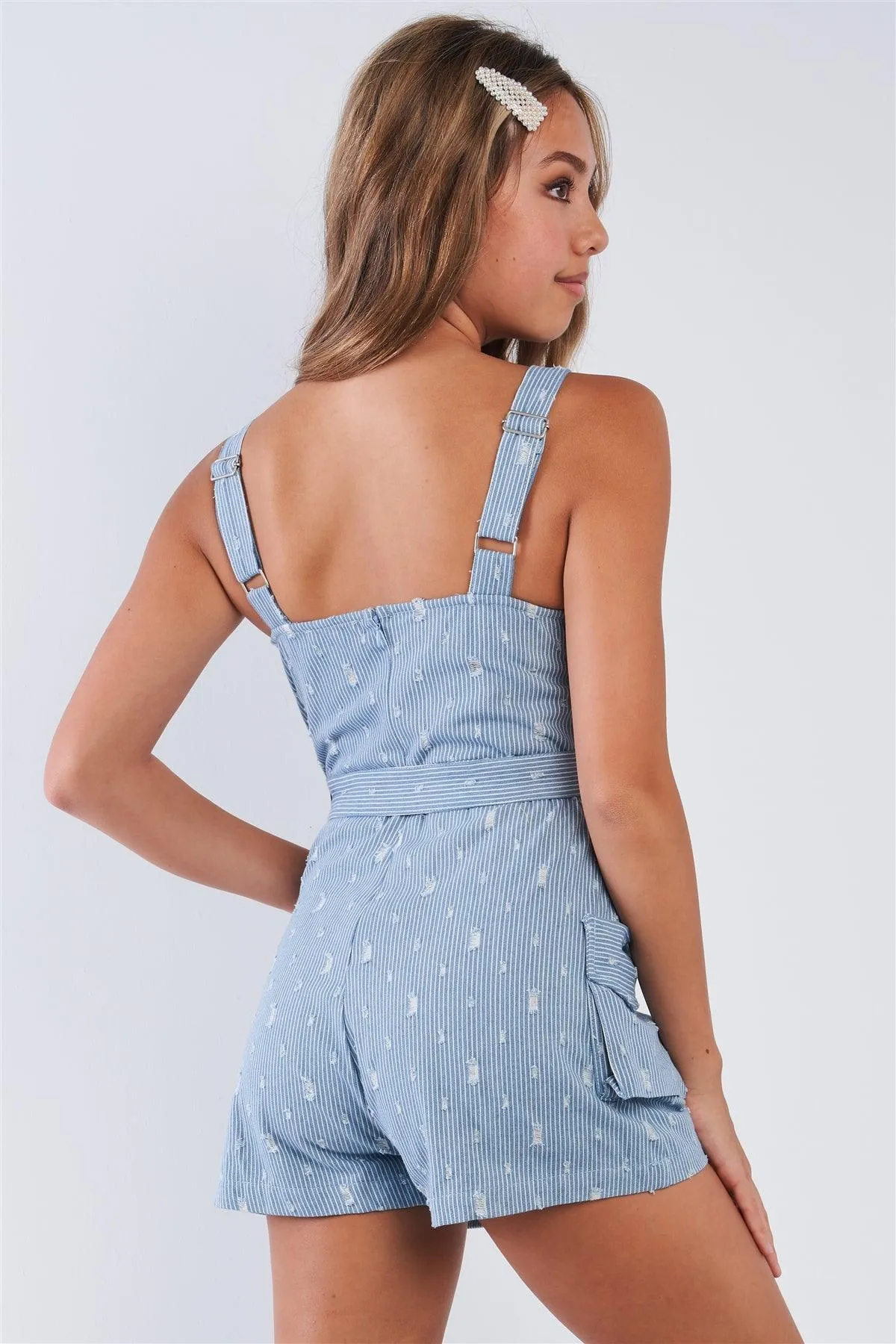 Denim White Pin Striped Destroyed Waist Tie Romper