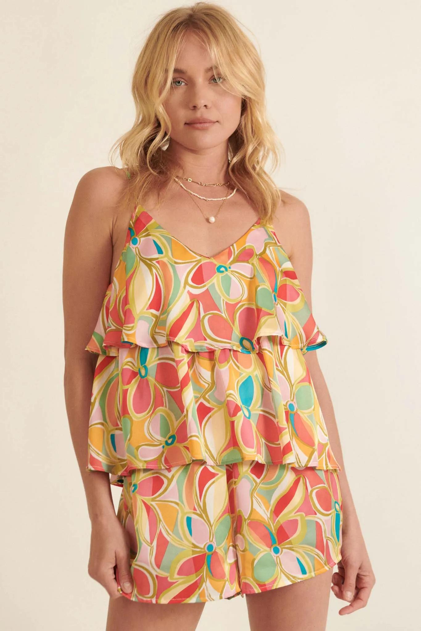 Dreaming in Color Tiered Floral Satin Romper