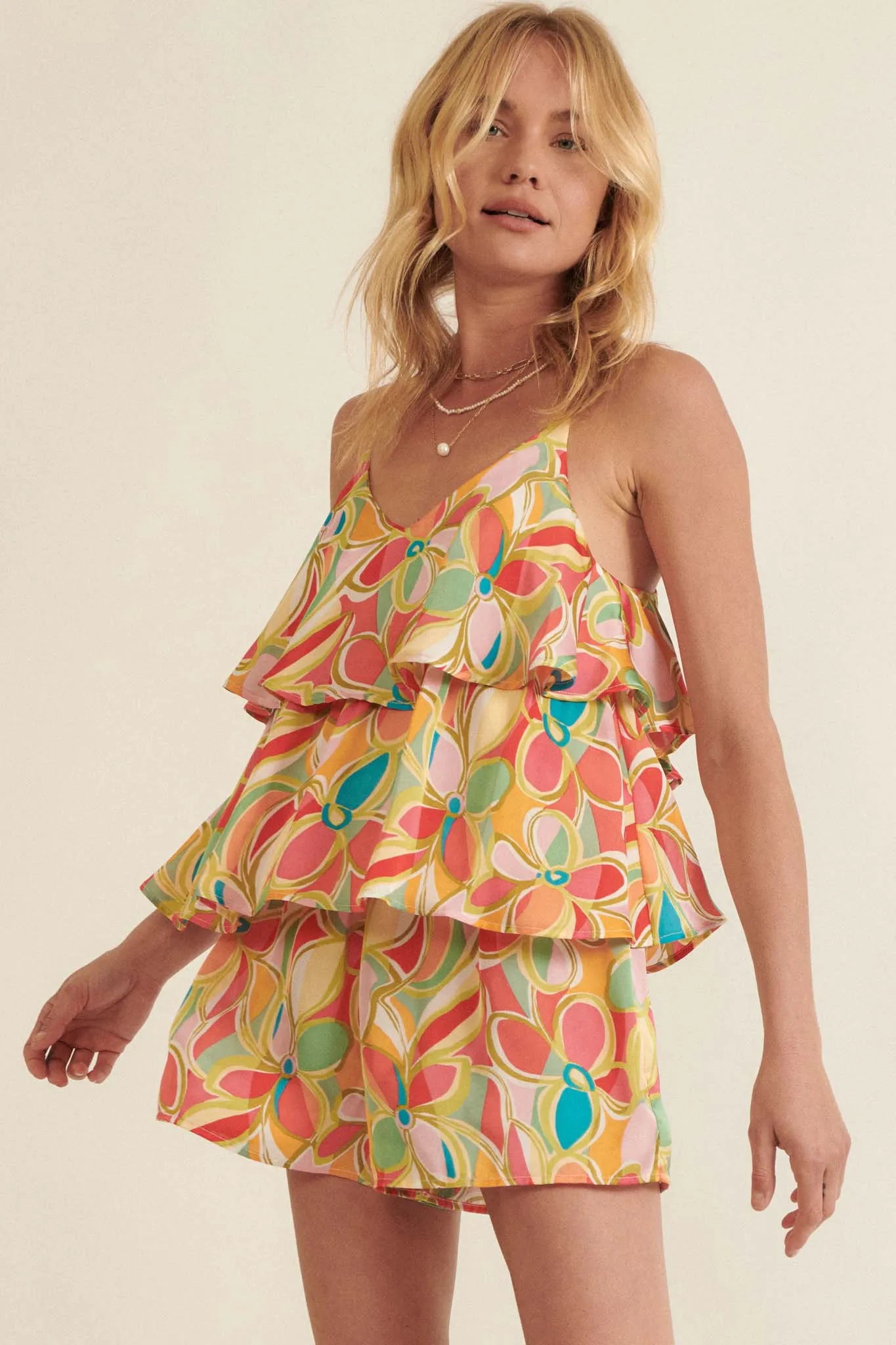 Dreaming in Color Tiered Floral Satin Romper