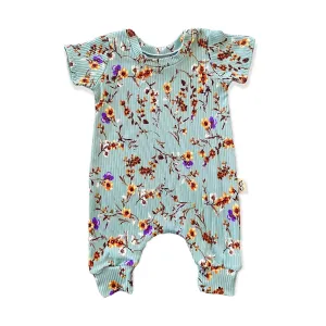 Dried Floral on Sage Ribbed Harem Romper