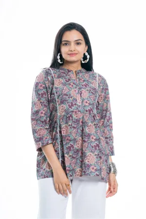 Ekisha's women green multicolor designer floral printed cotton tunic top short kurti