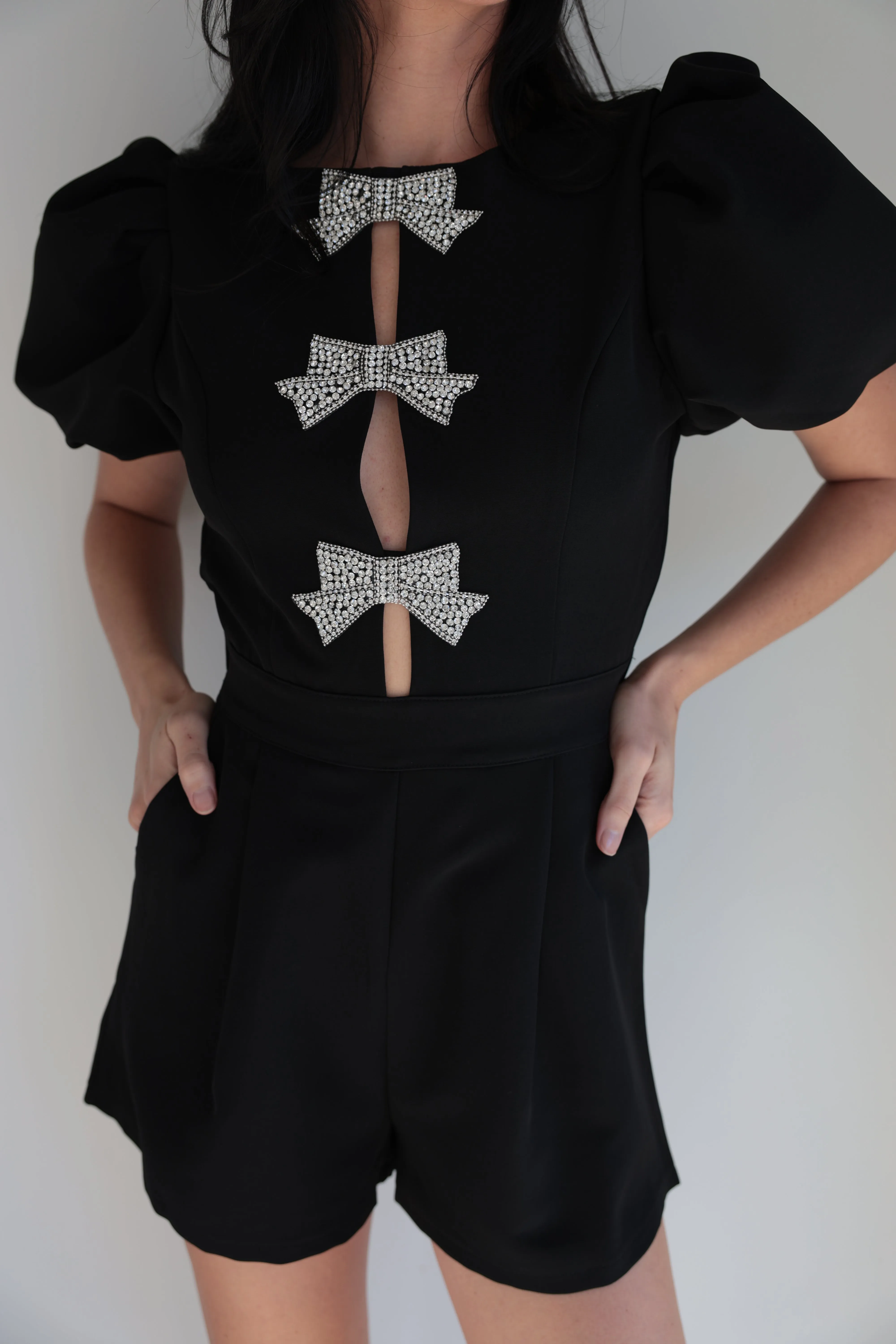 Elegant Black Rhinestone Bow Romper