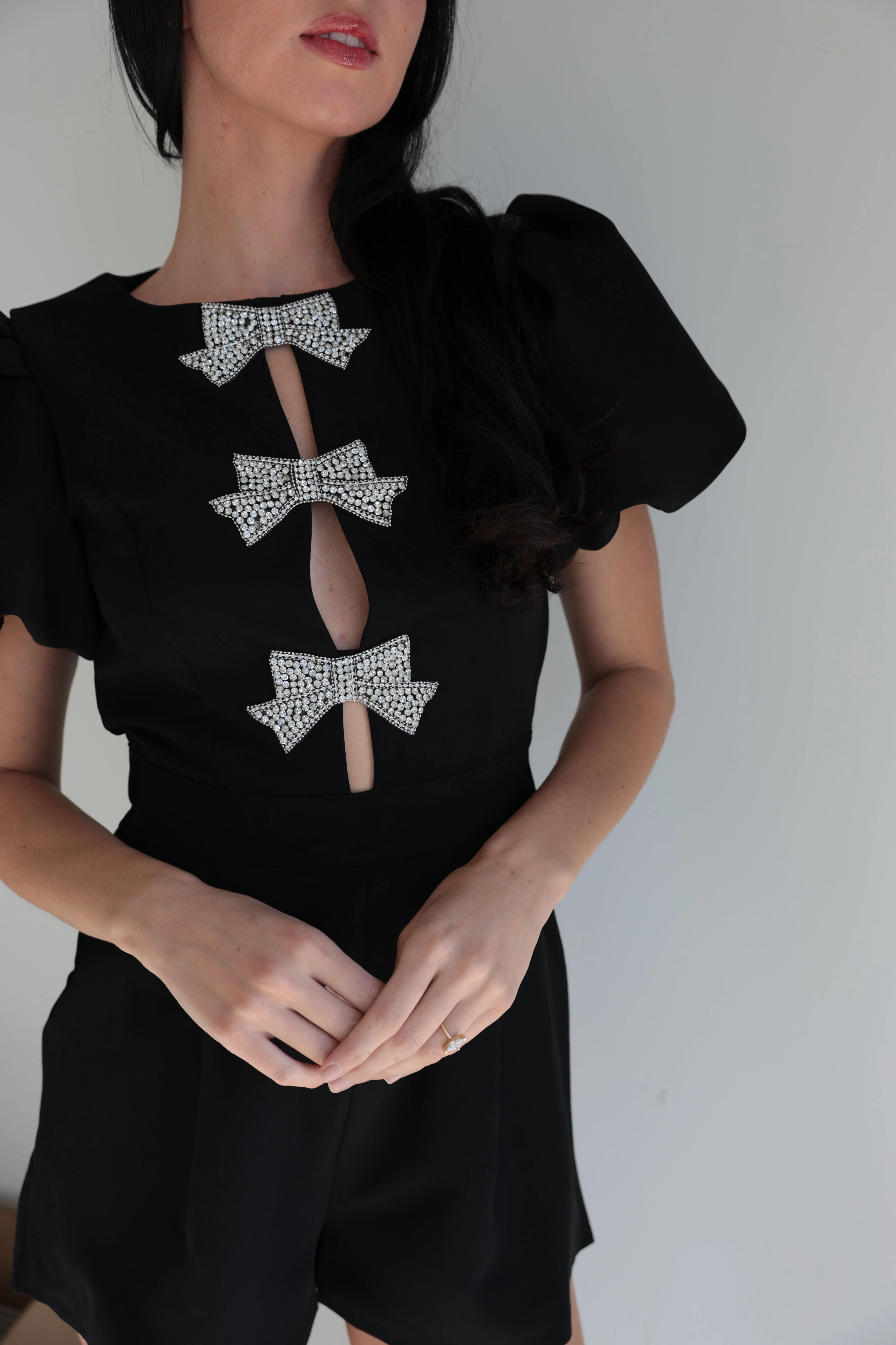 Elegant Black Rhinestone Bow Romper