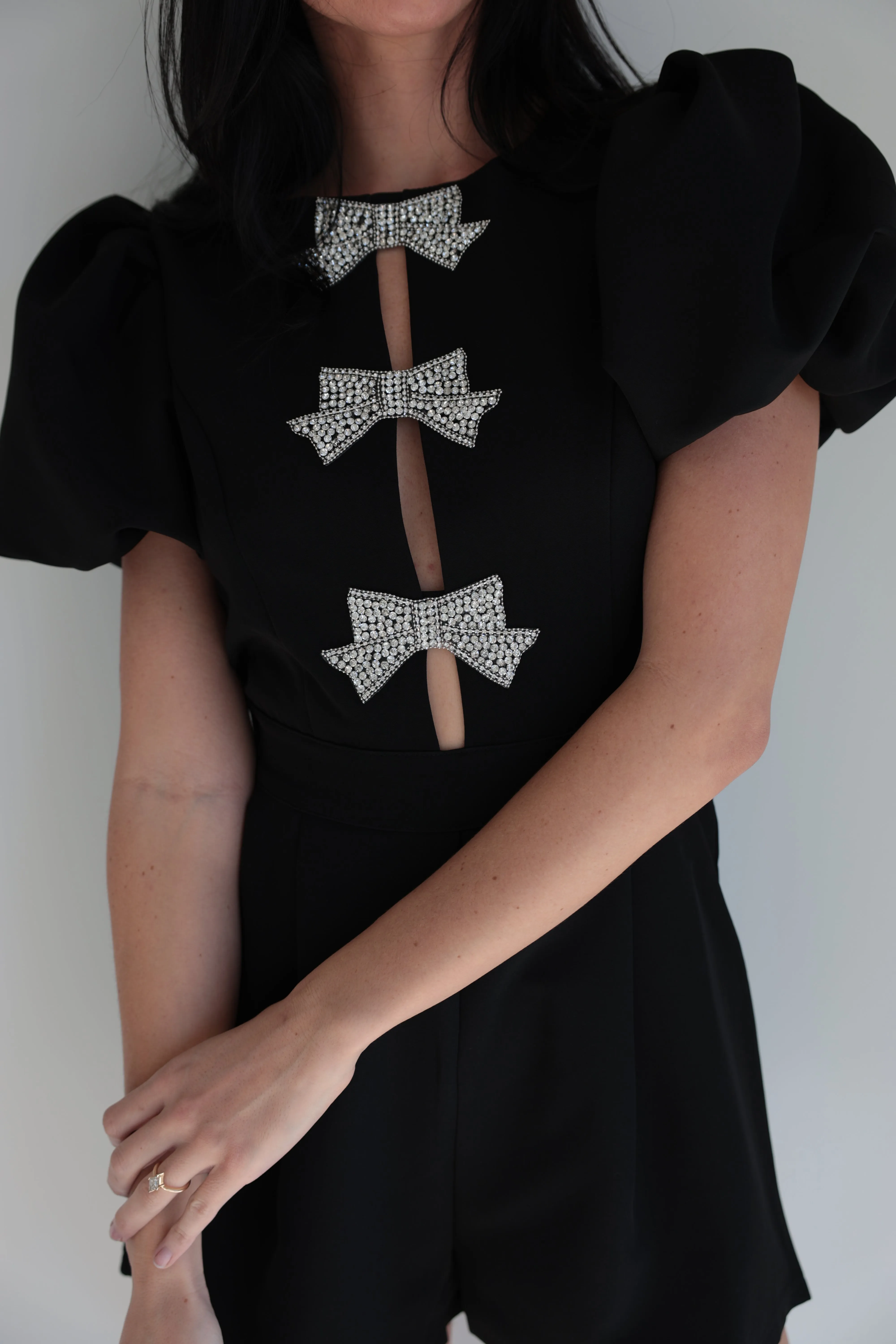 Elegant Black Rhinestone Bow Romper