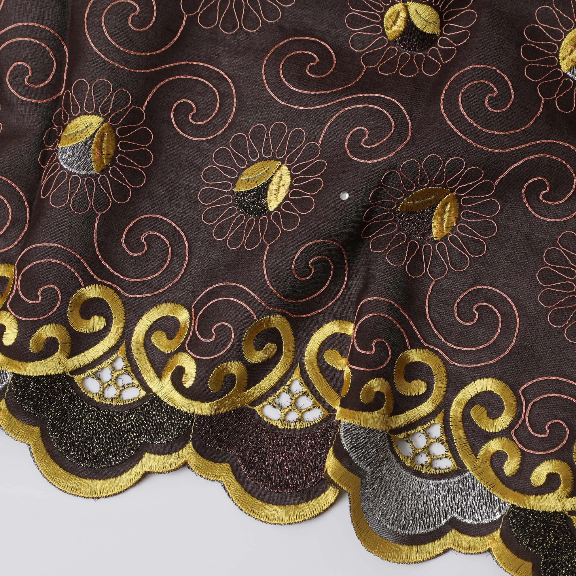 Elegant Dark Brown Premium Swiss Cotton Voile Fabric with Gold and Silver Embroidery - Traditional Thobe Material, 140 cm Wide-D20195