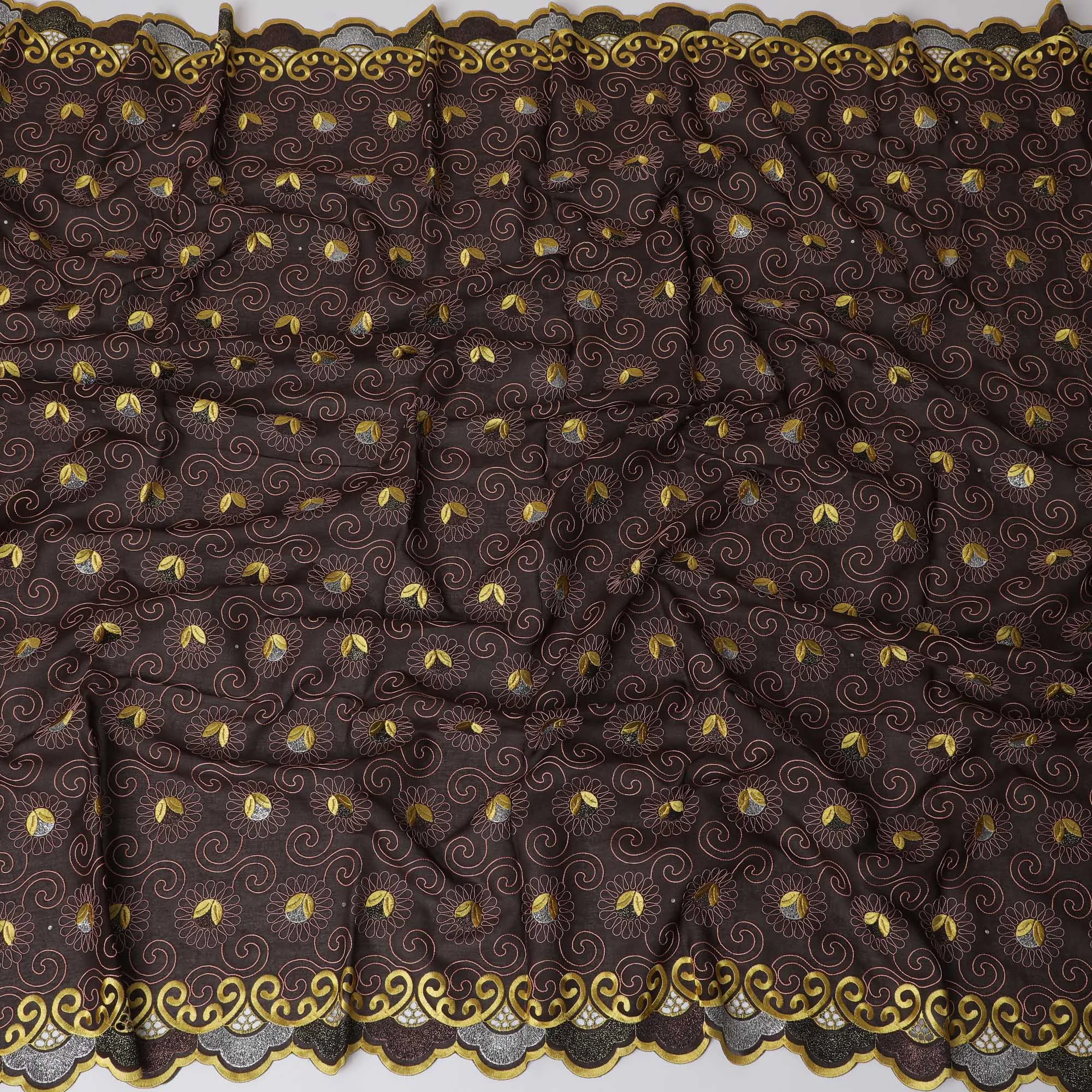 Elegant Dark Brown Premium Swiss Cotton Voile Fabric with Gold and Silver Embroidery - Traditional Thobe Material, 140 cm Wide-D20195