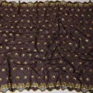 Elegant Dark Brown Premium Swiss Cotton Voile Fabric with Gold and Silver Embroidery - Traditional Thobe Material, 140 cm Wide-D20195