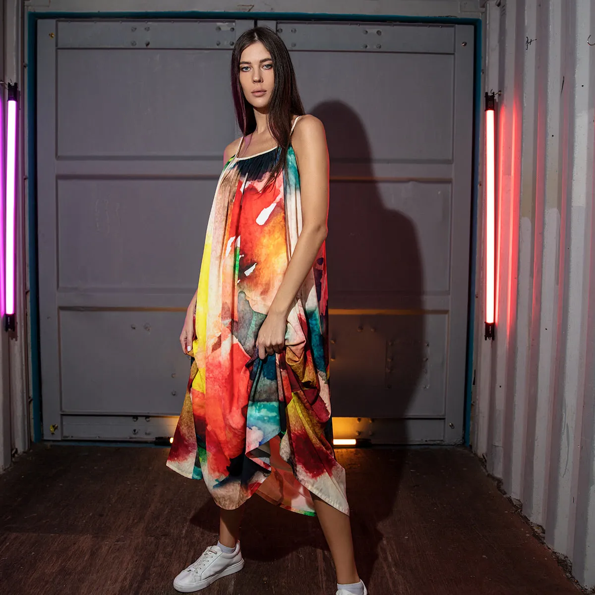 Enigma Abstract Print Maxi Swing Slip Dress