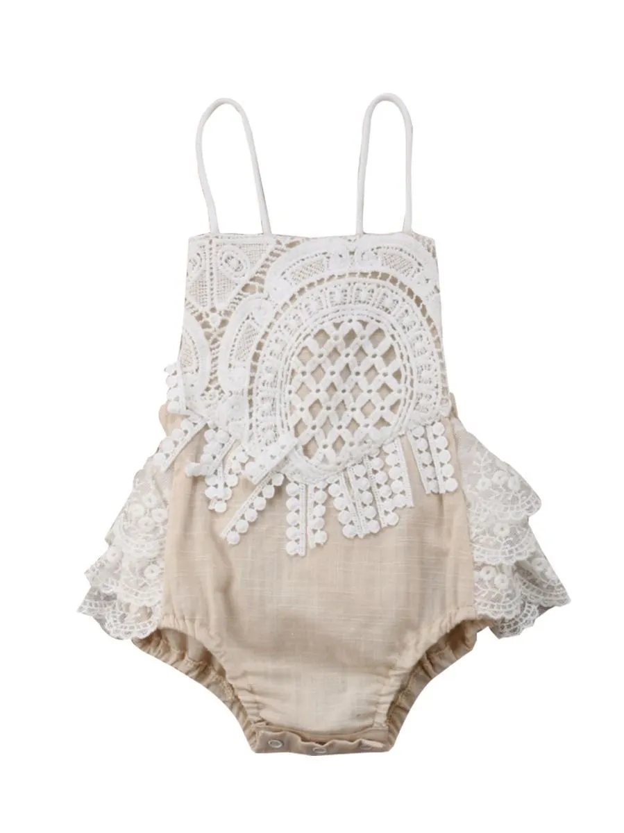 Fashion Lace Trim Tie Backless Girls Baby Romper