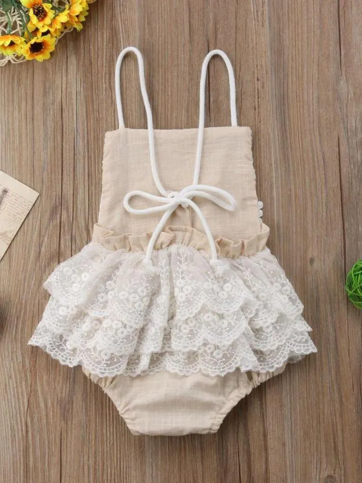 Fashion Lace Trim Tie Backless Girls Baby Romper