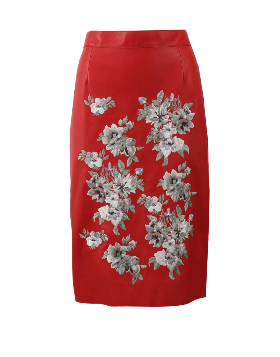 Floral Embroidered Leather Skirt